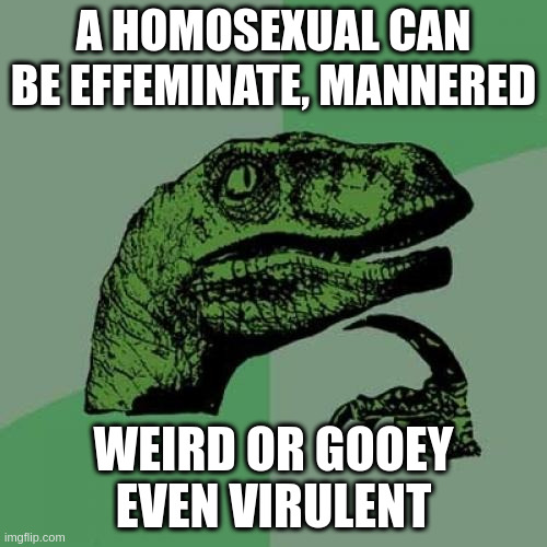 virulent | A HOMOSEXUAL CAN BE EFFEMINATE, MANNERED; WEIRD OR GOOEY EVEN VIRULENT | image tagged in memes,philosoraptor | made w/ Imgflip meme maker
