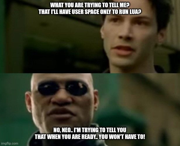 Matrix You Won't Have To | WHAT YOU ARE TRYING TO TELL ME? THAT I'LL HAVE USER SPACE ONLY TO RUN LUA? NO, NEO.. I'M TRYING TO TELL YOU THAT WHEN YOU ARE READY.. YOU WON'T HAVE TO! | image tagged in matrix you won't have to | made w/ Imgflip meme maker