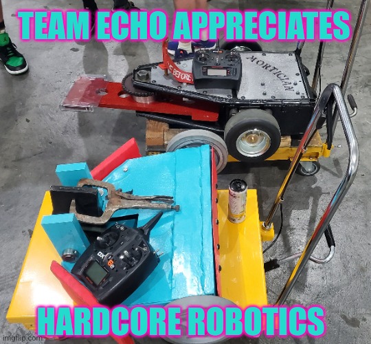 Robogames 2024 | TEAM ECHO APPRECIATES; HARDCORE ROBOTICS | image tagged in robots,imgflip,fight | made w/ Imgflip meme maker