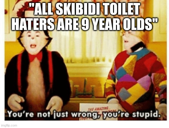 You're not just wrong your stupid | "ALL SKIBIDI TOILET HATERS ARE 9 YEAR OLDS" | image tagged in you're not just wrong your stupid | made w/ Imgflip meme maker