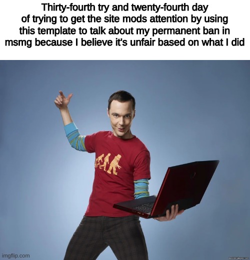 And now all of the popular memes of this are by me | Thirty-fourth try and twenty-fourth day of trying to get the site mods attention by using this template to talk about my permanent ban in msmg because I believe it's unfair based on what I did | image tagged in sheldon cooper laptop | made w/ Imgflip meme maker