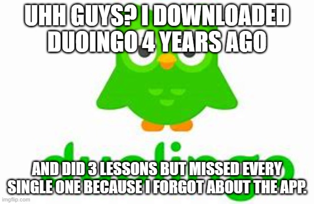 Help... | UHH GUYS? I DOWNLOADED DUOINGO 4 YEARS AGO; AND DID 3 LESSONS BUT MISSED EVERY SINGLE ONE BECAUSE I FORGOT ABOUT THE APP. | image tagged in please help me,send help,oh god,oh no,help | made w/ Imgflip meme maker