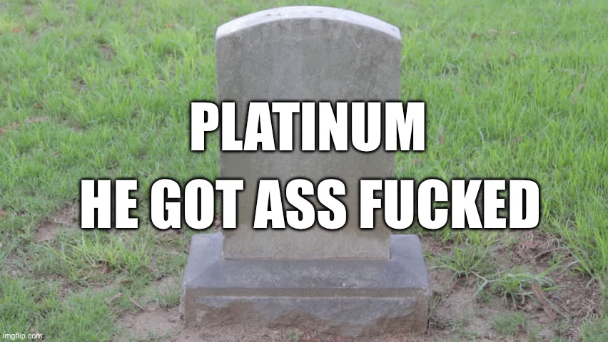 Blank Tombstone 001 | PLATINUM HE GOT ASS FUCKED | image tagged in blank tombstone 001 | made w/ Imgflip meme maker