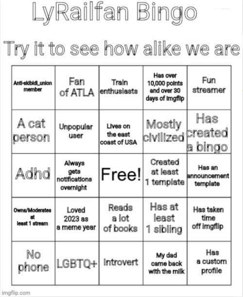 I only made it a template so you can do it | image tagged in lyrailfan bingo | made w/ Imgflip meme maker