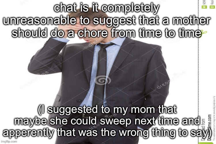 just making sure im not insane nbd | chat is it completely unreasonable to suggest that a mother should do a chore from time to time; (I suggested to my mom that maybe she could sweep next time and apperently that was the wrong thing to say) | image tagged in aw naw man you got be kidding | made w/ Imgflip meme maker