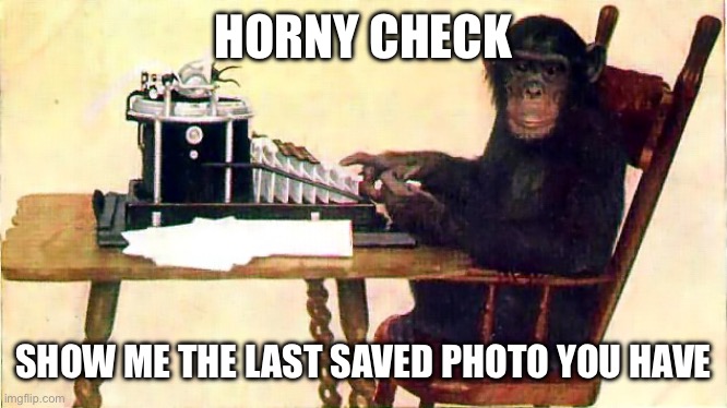 Horny check | HORNY CHECK; SHOW ME THE LAST SAVED PHOTO YOU HAVE | image tagged in typewriter monkey,oh wow are you actually reading these tags | made w/ Imgflip meme maker