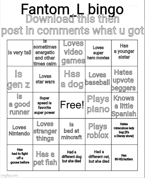 Bingo | Fantom_L bingo; Download this then post in comments what u got; Is sometimes energetic and other times calm; Loves video games; Has a younger sister; Is very tall; Loves super hero movies; Has a dog; Is gen z; Hates upvote beggers; Loves baseball; Loves star wars; Plays piano; Is a good runner; Knows a little Spanish; Super speed is favorite super power; Loves Nintendo; Loves stranger things; Hates miraculous lady bug (it's a Disney show); Plays roblox; Is bad at mincraft; Has had to fight off a goose before; Had a different dog but she died; Has 80-HD/autism; Has a pet fish; Had a different cat, but she died | image tagged in bingo,funny memes,memes,funny,meme,funny meme | made w/ Imgflip meme maker