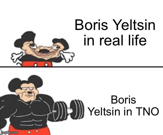 Just some alternate history meme | Boris Yeltsin in real life; Boris Yeltsin in TNO | image tagged in buff mokey,alternate reality,hoi4,alternate history,boris yeltsin,dank memes | made w/ Imgflip meme maker