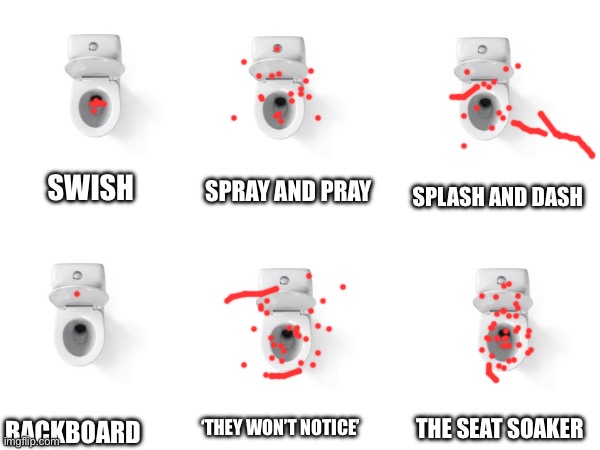 Piss chart | SPRAY AND PRAY; SPLASH AND DASH; SWISH; ‘THEY WON’T NOTICE’; BACKBOARD; THE SEAT SOAKER | image tagged in i cant think of a tag for this one | made w/ Imgflip meme maker