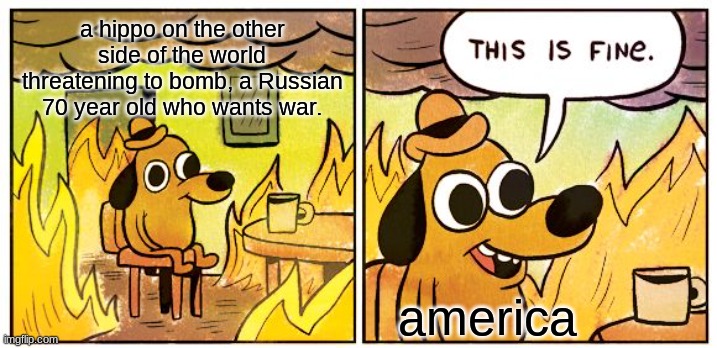 This Is Fine Meme | a hippo on the other side of the world threatening to bomb, a Russian 70 year old who wants war. america | image tagged in memes,this is fine | made w/ Imgflip meme maker