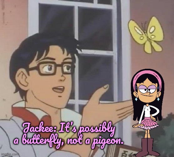 Jackee Loves Butterflies | Jackee: It’s possibly a butterfly, not a pigeon. | image tagged in memes,is this a pigeon,the loud house,loud house,nickelodeon,deviantart | made w/ Imgflip meme maker