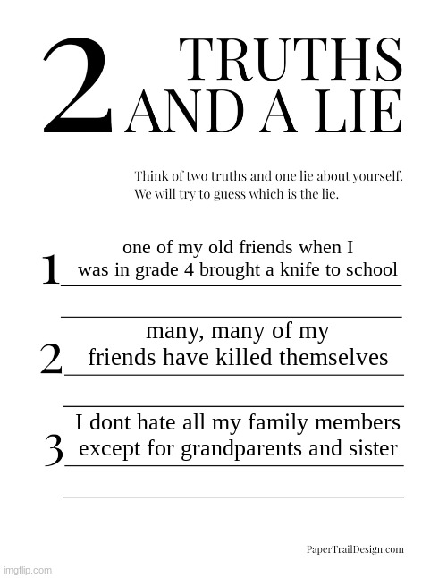 2 Truths and a Lie | one of my old friends when I was in grade 4 brought a knife to school; many, many of my friends have killed themselves; I dont hate all my family members except for grandparents and sister | image tagged in 2 truths and a lie | made w/ Imgflip meme maker