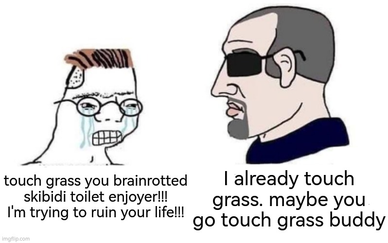 when skibidi toilet haters ran out of shitty comebacks then they use that "touch grass" response when they themselves barely eve | I already touch grass. maybe you go touch grass buddy; touch grass you brainrotted skibidi toilet enjoyer!!! I'm trying to ruin your life!!! | image tagged in normie vs yes chad | made w/ Imgflip meme maker