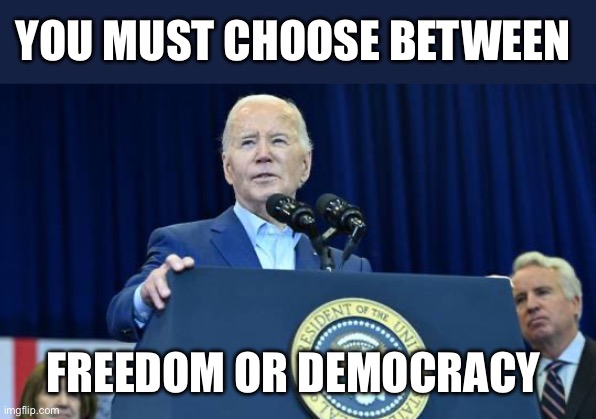 Encouraging Words Of Wisdom From Resident Joe Biden | YOU MUST CHOOSE BETWEEN; FREEDOM OR DEMOCRACY | image tagged in biden dementia,potatus,choose wisely | made w/ Imgflip meme maker