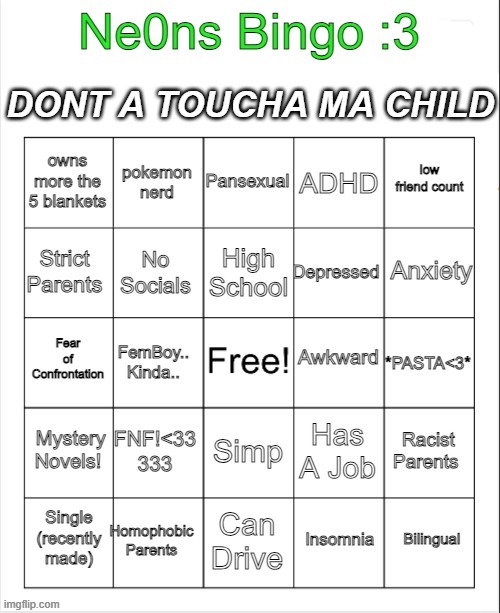 made a bingo forgor to post it here lol | image tagged in neons bingo | made w/ Imgflip meme maker