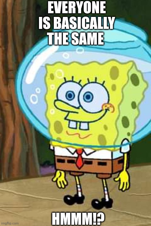 SpongeBob | EVERYONE IS BASICALLY THE SAME; HMMM!? | image tagged in helmet,spongebob | made w/ Imgflip meme maker