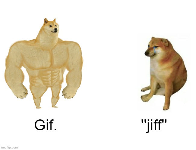 how its actually pronounced | Gif. ''jiff'' | image tagged in memes,buff doge vs cheems | made w/ Imgflip meme maker
