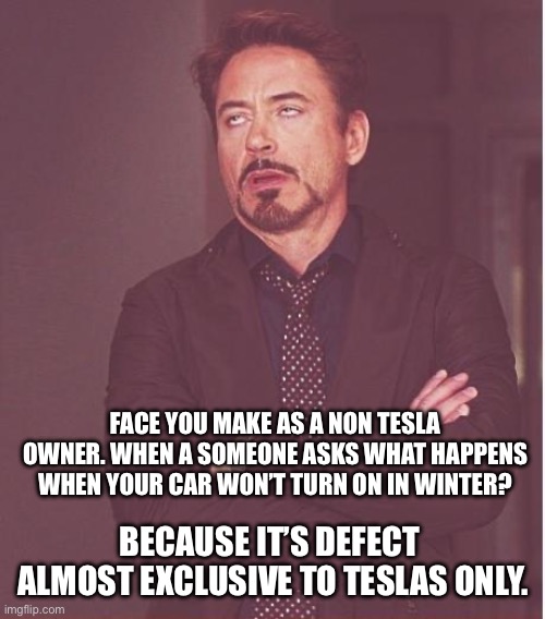 No my 2015 i3 turns on fine please god stop asking. | FACE YOU MAKE AS A NON TESLA OWNER. WHEN A SOMEONE ASKS WHAT HAPPENS WHEN YOUR CAR WON’T TURN ON IN WINTER? BECAUSE IT’S DEFECT  ALMOST EXCLUSIVE TO TESLAS ONLY. | image tagged in memes,face you make robert downey jr,tesla_slander,make it stop,stop,fail | made w/ Imgflip meme maker