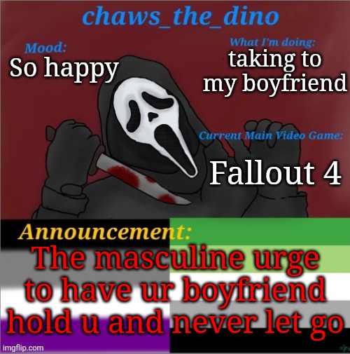 Wholesome | taking to my boyfriend; So happy; Fallout 4; The masculine urge to have ur boyfriend hold u and never let go | image tagged in chaws_the_dino announcement temp | made w/ Imgflip meme maker