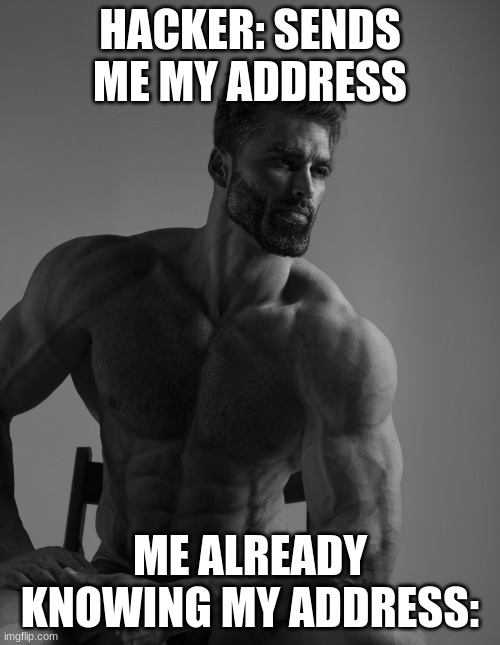 Giga Chad | HACKER: SENDS ME MY ADDRESS; ME ALREADY KNOWING MY ADDRESS: | image tagged in giga chad | made w/ Imgflip meme maker