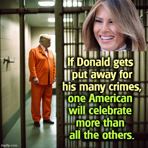 If Donald gets 
put away for his many crimes, one American 
will celebrate 
more than 
all the others. | image tagged in trump,jail,prison,melania,celebrate | made w/ Imgflip meme maker