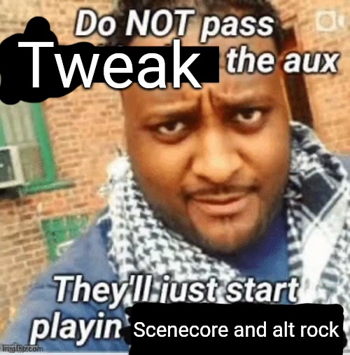 Do not pass the X the aux They’ll just start playin Y | Tweak; Scenecore and alt rock | image tagged in do not pass the x the aux they ll just start playin y | made w/ Imgflip meme maker