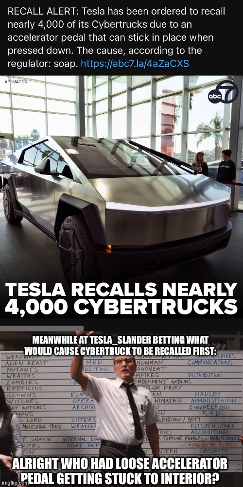 Sure hope someone picks up that phone…because I called it! | MEANWHILE AT TESLA_SLANDER BETTING WHAT WOULD CAUSE CYBERTRUCK TO BE RECALLED FIRST:; ALRIGHT WHO HAD LOOSE ACCELERATOR PEDAL GETTING STUCK TO INTERIOR? | image tagged in cabin the the woods,tesla_slander,tesla truck,fail,epic fail | made w/ Imgflip meme maker