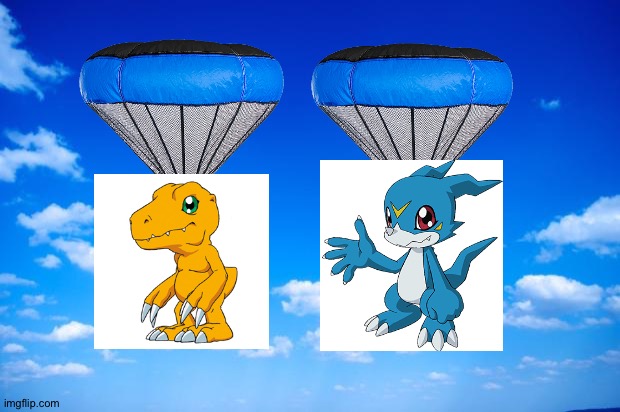 Agumon and Veemon parachuting | image tagged in blue sky,anime,digimon | made w/ Imgflip meme maker