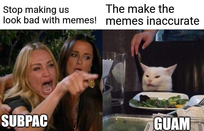 21 | Stop making us look bad with memes! The make the memes inaccurate; SUBPAC; GUAM | image tagged in memes,woman yelling at cat | made w/ Imgflip meme maker