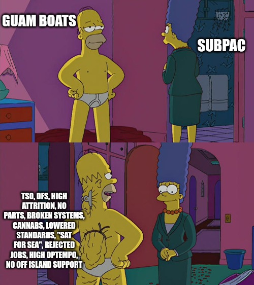12 | GUAM BOATS; SUBPAC; TSO, DFS, HIGH ATTRITION, NO PARTS, BROKEN SYSTEMS, CANNABS, LOWERED STANDARDS, "SAT FOR SEA", REJECTED JOBS, HIGH OPTEMPO, NO OFF ISLAND SUPPORT | image tagged in homer simpson's back fat | made w/ Imgflip meme maker