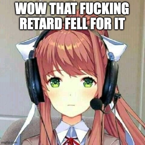 monika gaming | WOW THAT FUCKING RETARD FELL FOR IT | image tagged in monika gaming | made w/ Imgflip meme maker