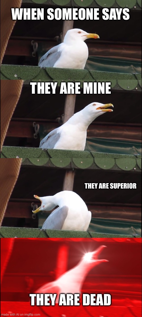 Inhaling Seagull Meme | WHEN SOMEONE SAYS; THEY ARE MINE; THEY ARE SUPERIOR; THEY ARE DEAD | image tagged in memes,inhaling seagull | made w/ Imgflip meme maker
