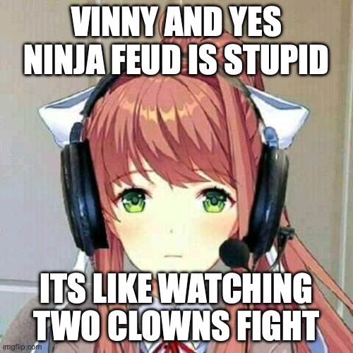 monika gaming | VINNY AND YES NINJA FEUD IS STUPID; ITS LIKE WATCHING TWO CLOWNS FIGHT | image tagged in monika gaming | made w/ Imgflip meme maker