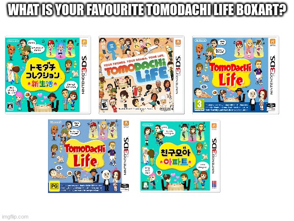 Japenese, North America, Europe, Aussie or Korean? | WHAT IS YOUR FAVOURITE TOMODACHI LIFE BOXART? | image tagged in tomodachi life | made w/ Imgflip meme maker