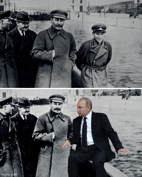 Still rewriting history | image tagged in stalin photoshop,vladimir putin,ussr,soviet union | made w/ Imgflip meme maker