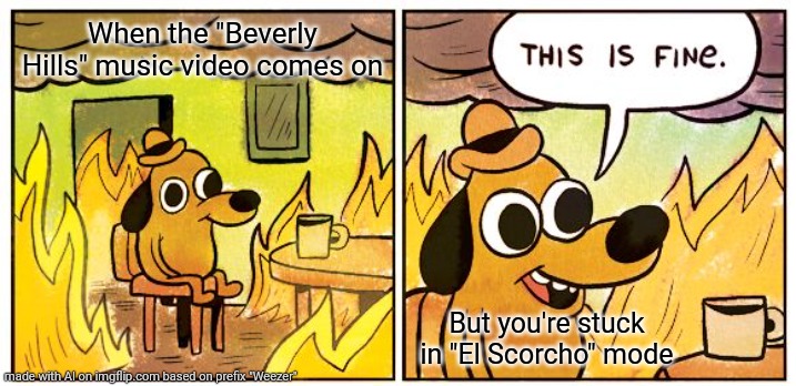 H | When the "Beverly Hills" music video comes on; But you're stuck in "El Scorcho" mode | image tagged in memes,this is fine | made w/ Imgflip meme maker