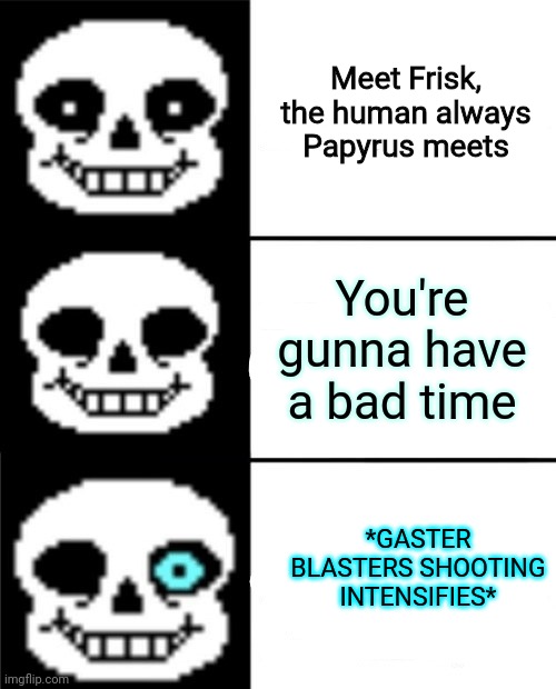 *bad time intensifies* | Meet Frisk, the human always Papyrus meets; You're gunna have a bad time; *GASTER BLASTERS SHOOTING INTENSIFIES* | image tagged in sans | made w/ Imgflip meme maker