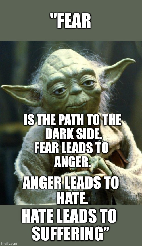 Star Wars Yoda Meme | "FEAR; IS THE PATH TO THE
 DARK SIDE.
FEAR LEADS TO 
ANGER. ANGER LEADS TO 
HATE. HATE LEADS TO 
SUFFERING” | image tagged in memes,star wars yoda | made w/ Imgflip meme maker