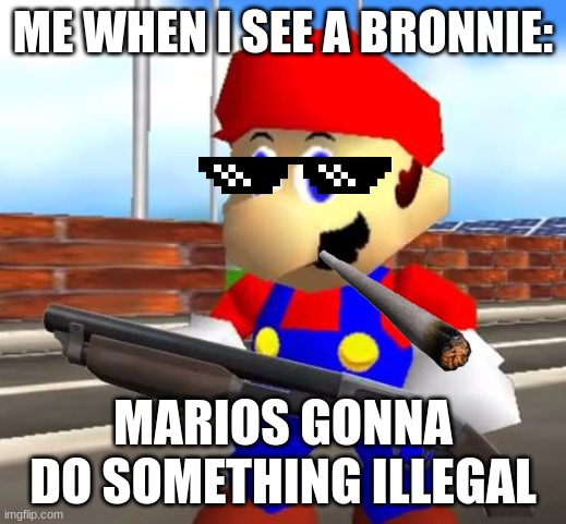 SMG4 Shotgun Mario | ME WHEN I SEE A BRONNIE:; MARIOS GONNA DO SOMETHING ILLEGAL | image tagged in smg4 shotgun mario | made w/ Imgflip meme maker