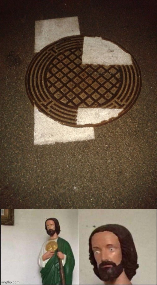 Manhole | image tagged in wide eyed jesus,sewer,memes,you had one job,manhole,manholes | made w/ Imgflip meme maker