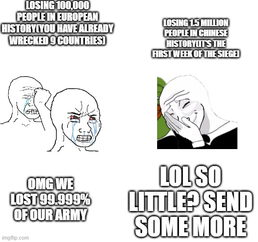 Chinese history vs european history | LOSING 100,000 PEOPLE IN EUROPEAN HISTORY(YOU HAVE ALREADY WRECKED 9 COUNTRIES); LOSING 1.5 MILLION PEOPLE IN CHINESE HISTORY(IT'S THE FIRST WEEK OF THE SIEGE); LOL SO LITTLE? SEND SOME MORE; OMG WE LOST 99.999% OF OUR ARMY | made w/ Imgflip meme maker