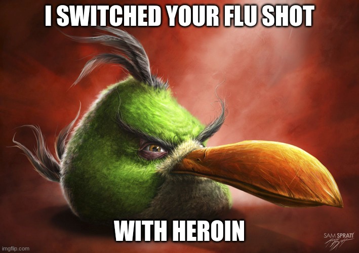 Realistic Angry Bird | I SWITCHED YOUR FLU SHOT; WITH HEROIN | image tagged in realistic angry bird | made w/ Imgflip meme maker