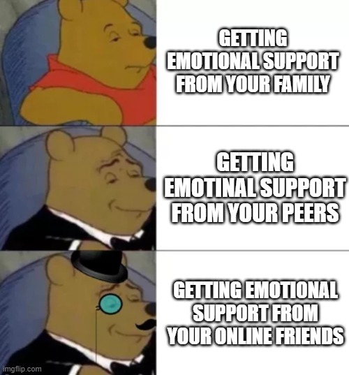emotional support | GETTING EMOTIONAL SUPPORT FROM YOUR FAMILY; GETTING EMOTINAL SUPPORT FROM YOUR PEERS; GETTING EMOTIONAL SUPPORT FROM YOUR ONLINE FRIENDS | image tagged in fancy pooh | made w/ Imgflip meme maker