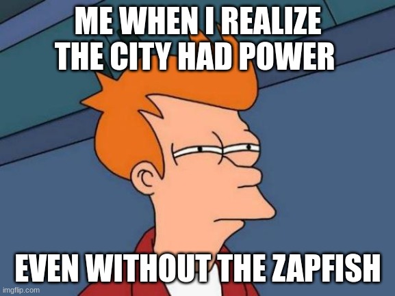 Futurama Fry | ME WHEN I REALIZE THE CITY HAD POWER; EVEN WITHOUT THE ZAPFISH | image tagged in memes,futurama fry | made w/ Imgflip meme maker