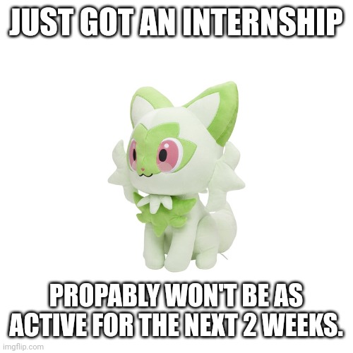 (diego note: EPIC) (PtS note: Thanks) | JUST GOT AN INTERNSHIP; PROPABLY WON'T BE AS ACTIVE FOR THE NEXT 2 WEEKS. | image tagged in sprigatito plush | made w/ Imgflip meme maker