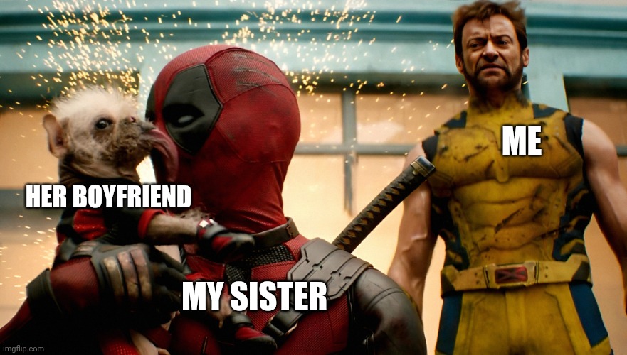 She couldn't do better? | ME; HER BOYFRIEND; MY SISTER | image tagged in dogpool kissing deadpool | made w/ Imgflip meme maker