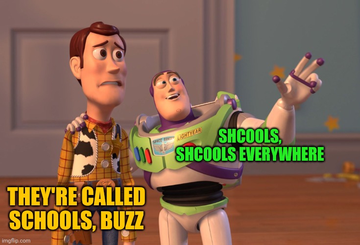 X, X Everywhere Meme | SHCOOLS, SHCOOLS EVERYWHERE THEY'RE CALLED SCHOOLS, BUZZ | image tagged in memes,x x everywhere | made w/ Imgflip meme maker