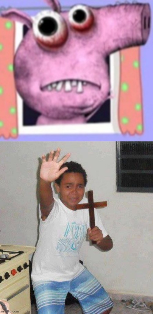 WHAT KIND OF UNHOLY DEMON IS THIS? | image tagged in kid with cross | made w/ Imgflip meme maker