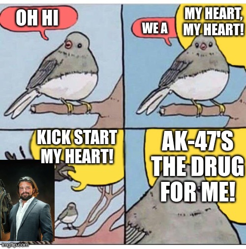 My heart! | MY HEART, MY HEART! OH HI; WE A; KICK START MY HEART! AK-47'S THE DRUG FOR ME! | image tagged in annoyed bird | made w/ Imgflip meme maker