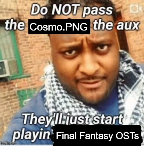 never pass me the aux | Cosmo.PNG; Final Fantasy OSTs | image tagged in do not pass the x the aux they ll just start playin y | made w/ Imgflip meme maker